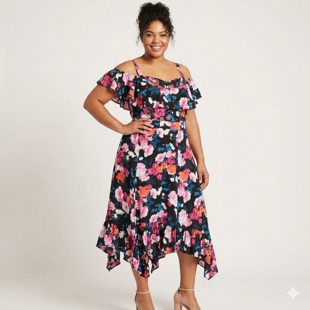 Torrid Floral Cold Shoulder Ruffle Dress Black Pink Blue Plus Size 1(1X) Smocked